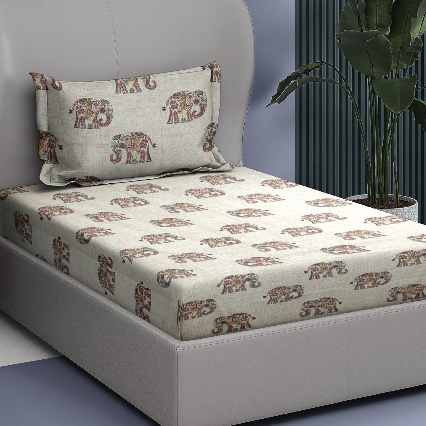 Premium Cotton Rich Single Bedsheet – Handblock Elephant Print | 180 TC | 140 cm x 225 cm