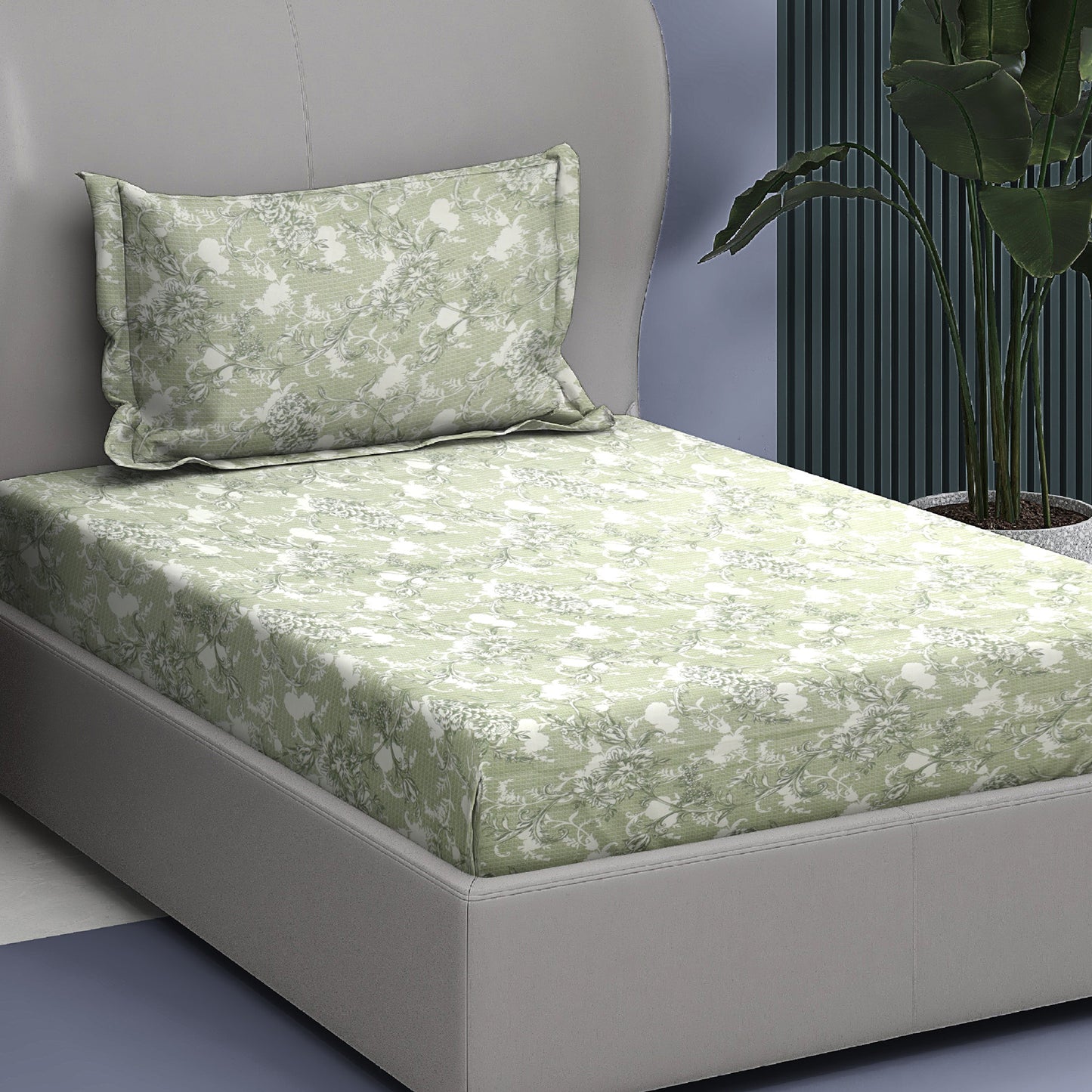 Premium Cotton Rich Single Bedsheet – Pastel Green Floral Vine Print | 180 TC | 140 cm x 225 cm