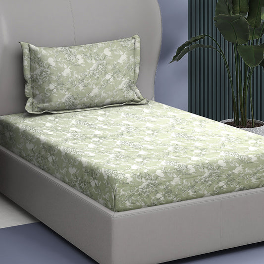 Premium Cotton Rich Single Bedsheet – Pastel Green Floral Vine Print | 180 TC | 140 cm x 225 cm