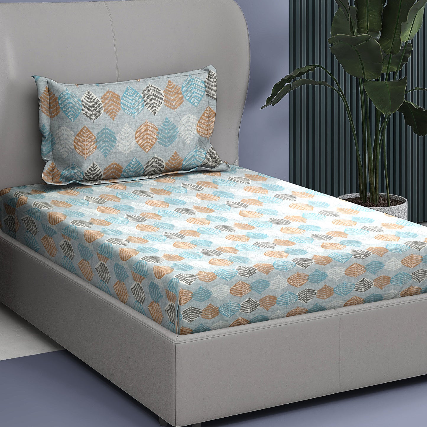 Premium Cotton Rich Single Bedsheet – Handblock Leaf Motif | 180 TC | 140 cm x 225 cm