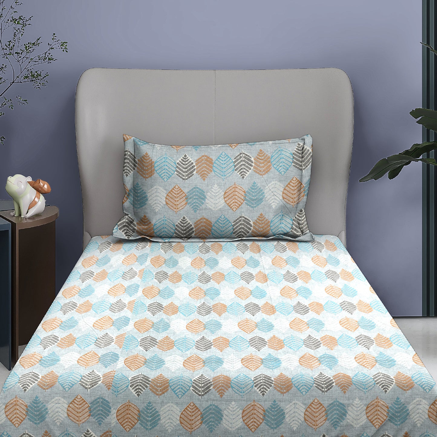 Premium Cotton Rich Single Bedsheet – Handblock Leaf Motif | 180 TC | 140 cm x 225 cm