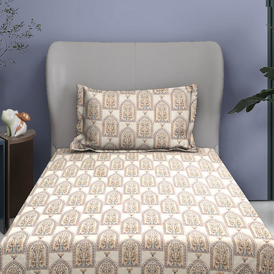 Premium Cotton Rich Single Bedsheet – Mughal Arch & Tree Print | 180 TC | 140 cm x 225 cm