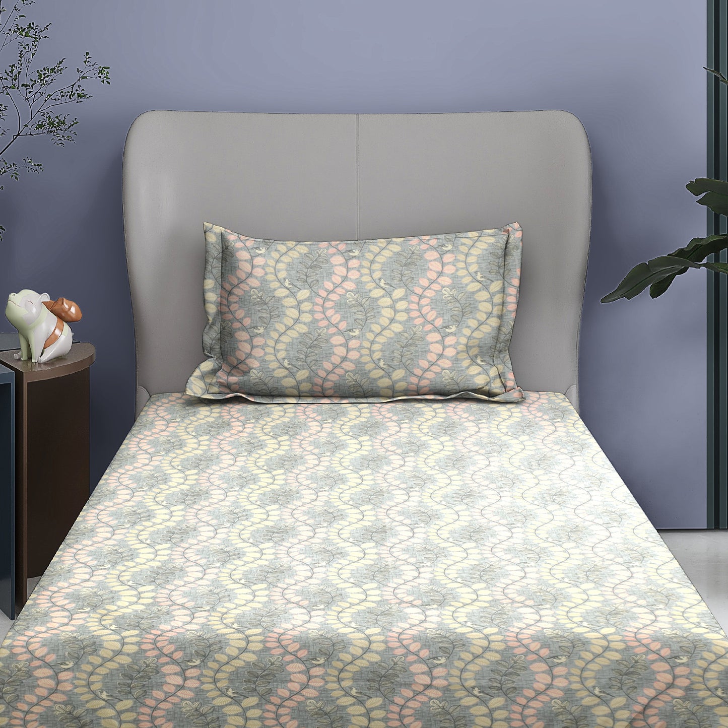 Premium Cotton Rich Single Bedsheet – Subtle Leaf Vine Print | 180 TC| 140 cm x 225 cm