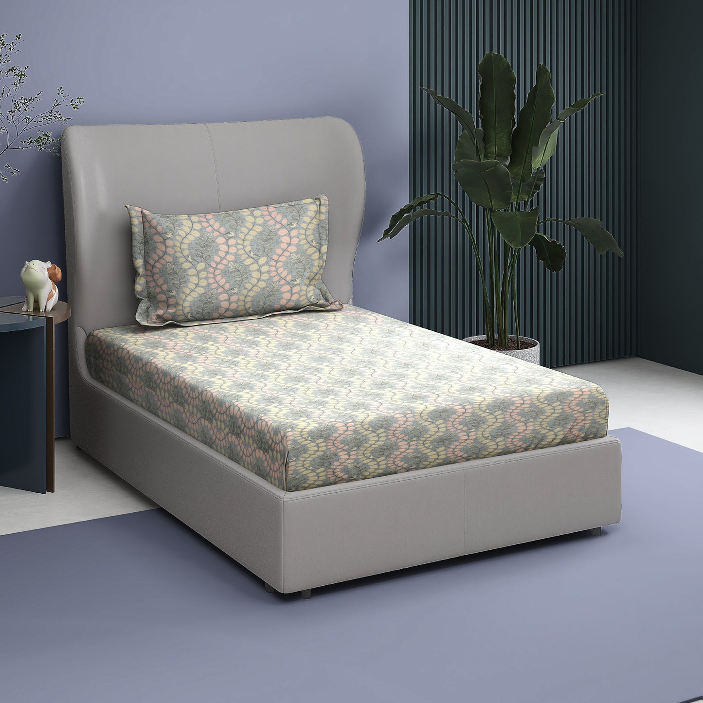 Premium Cotton Rich Single Bedsheet – Subtle Leaf Vine Print | 180 TC| 140 cm x 225 cm