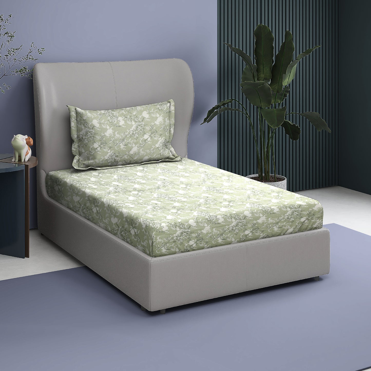 Premium Cotton Rich Single Bedsheet – Pastel Green Floral Vine Print | 180 TC | 140 cm x 225 cm
