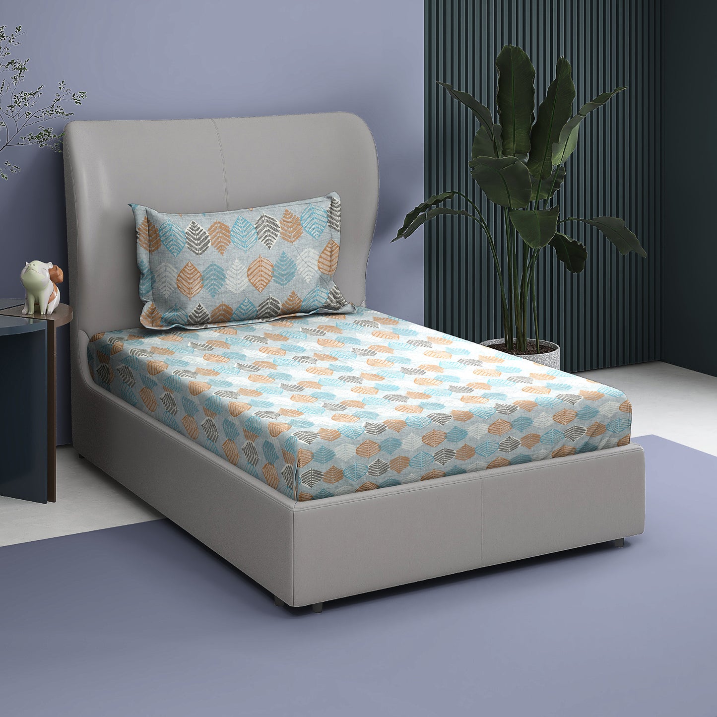 Premium Cotton Rich Single Bedsheet – Handblock Leaf Motif | 180 TC | 140 cm x 225 cm