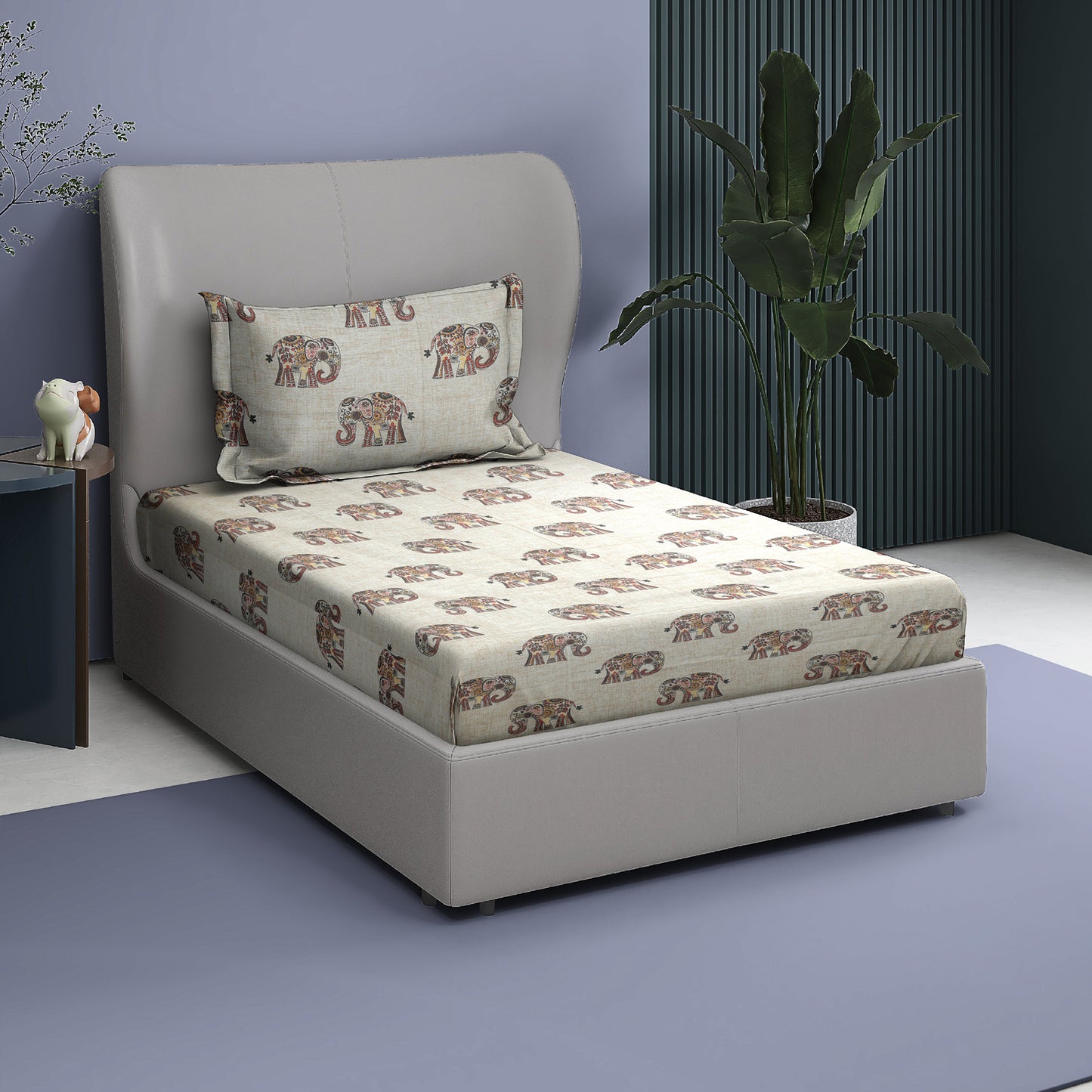 Premium Cotton Rich Single Bedsheet – Handblock Elephant Print | 180 TC | 140 cm x 225 cm