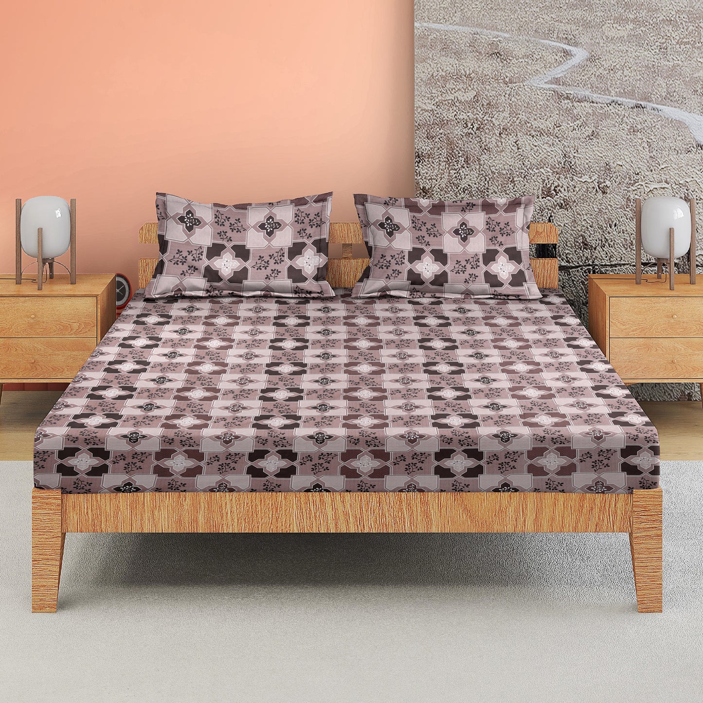 DIVORA CASA Geometric Floral Double Bedsheet Set – Satin Twill, 180 TC, Soft & Durable