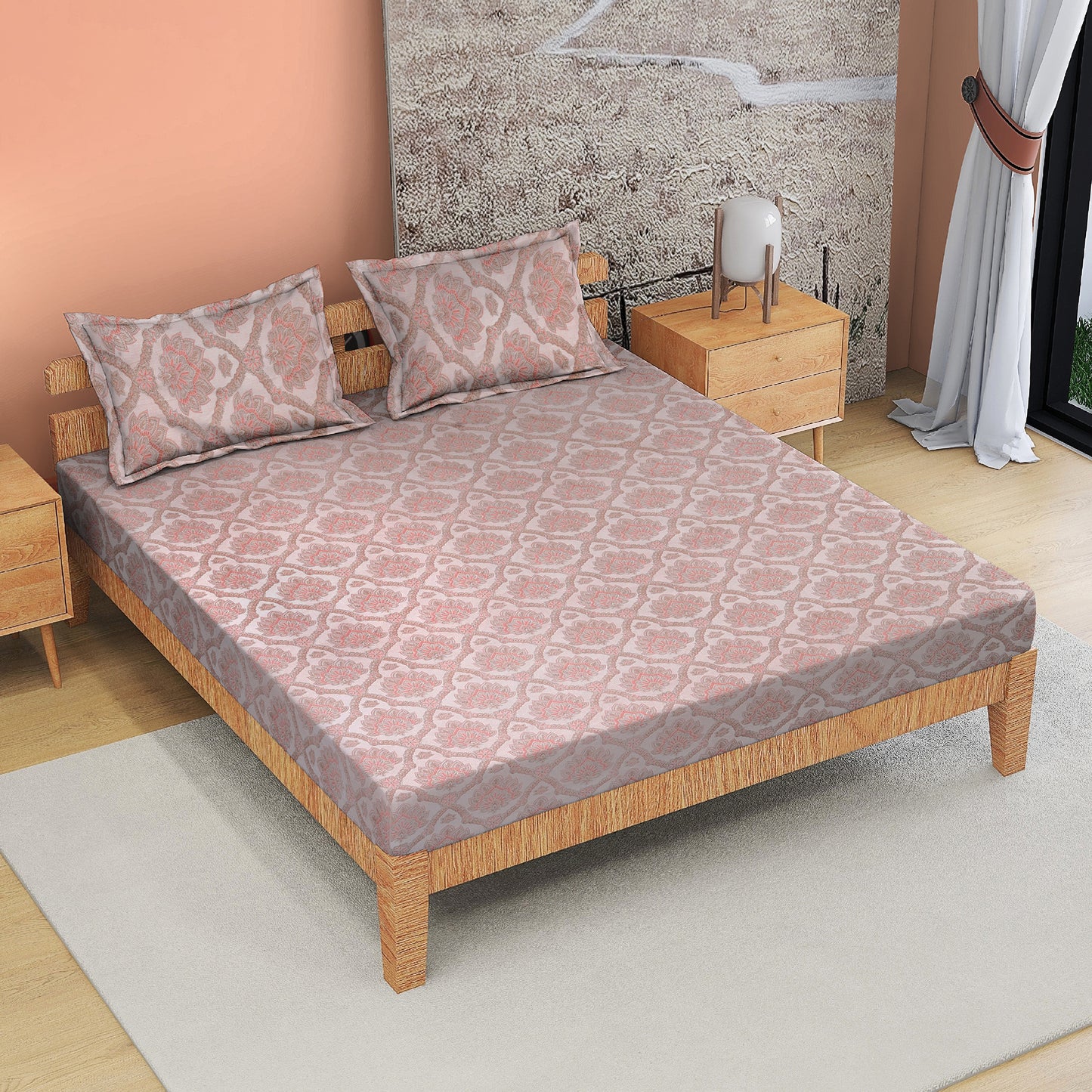 DIVORA CASA Premium Pure Cotton King Size Bedsheet – Soft Pink Jaipuri Floral Motif | 320 TC | 108 x 108 Inches | Breathable & Skin-Friendly