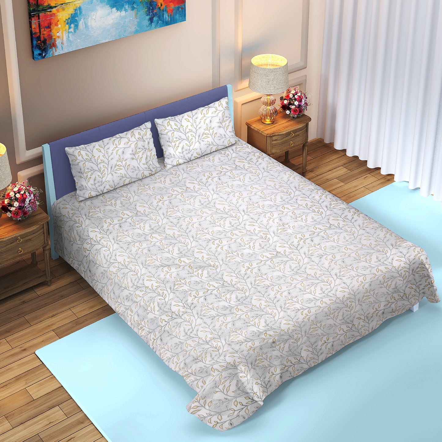 DIVORA CASA Premium 320 TC Double Bed Bedsheet – Soft Grey Leafy Vine Print |90 x 100 Inch