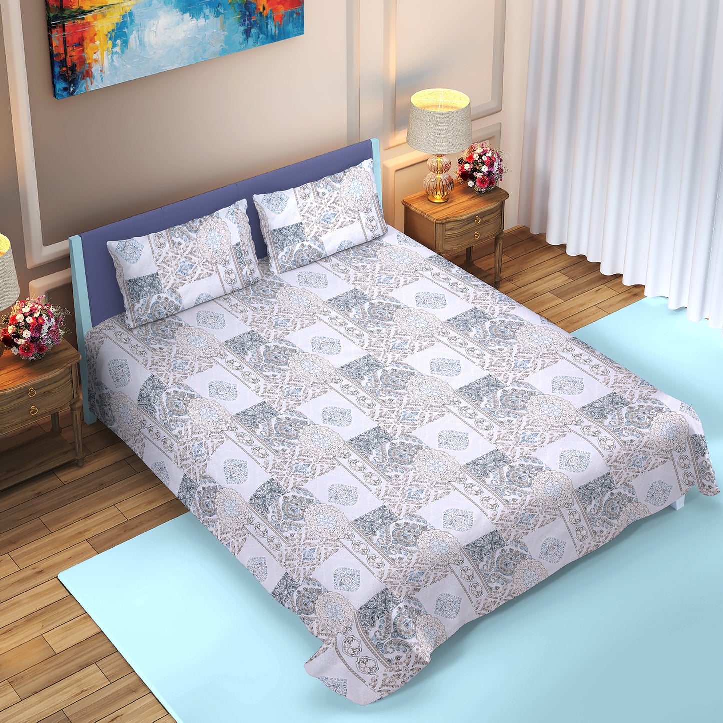 DIVORA CASA – Premium 350 TC Double Bed Cotton Bedsheet Set | Ethnic Patchwork Design | 100% Pure Cotton