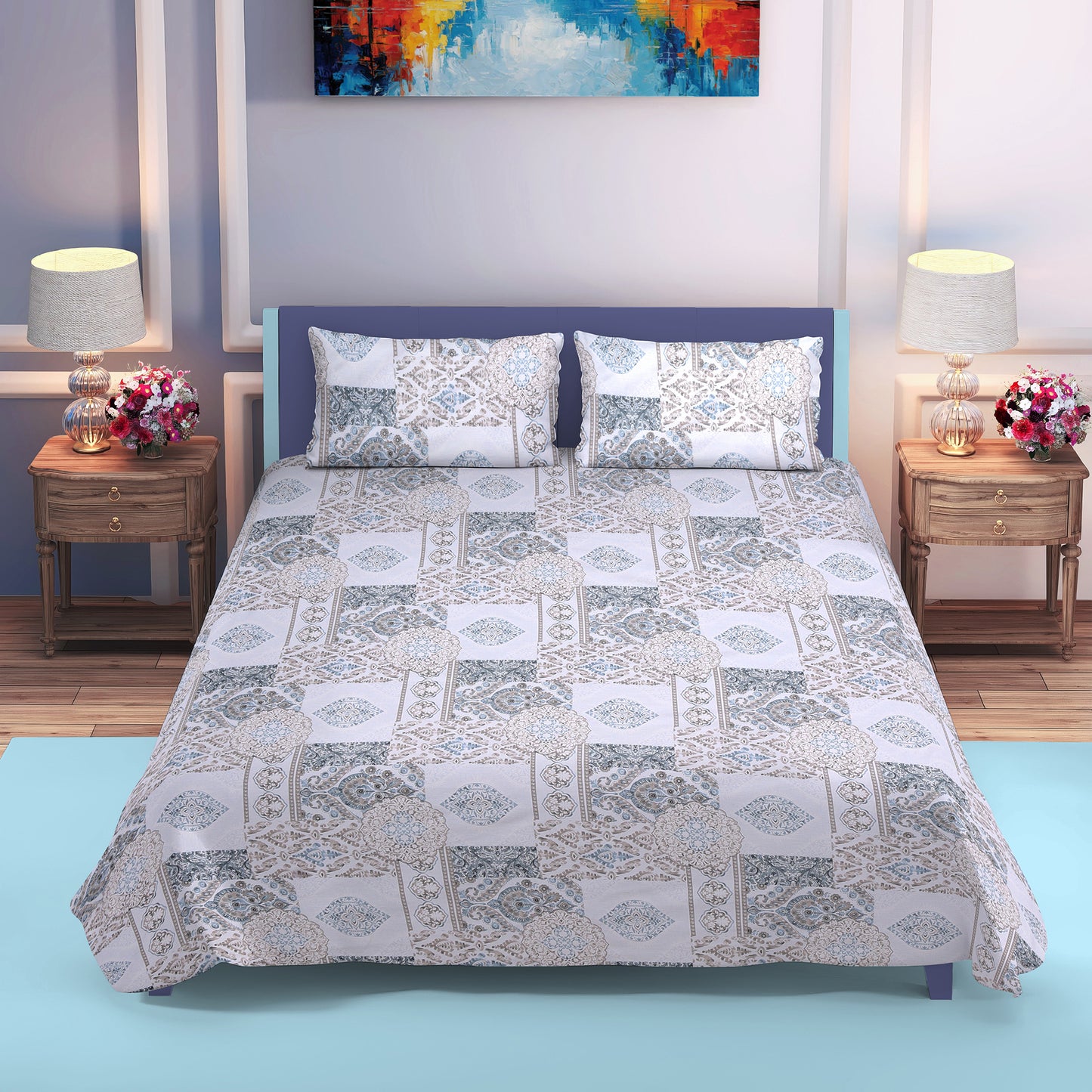 DIVORA CASA – Premium 350 TC Double Bed Cotton Bedsheet Set | Ethnic Patchwork Design | 100% Pure Cotton