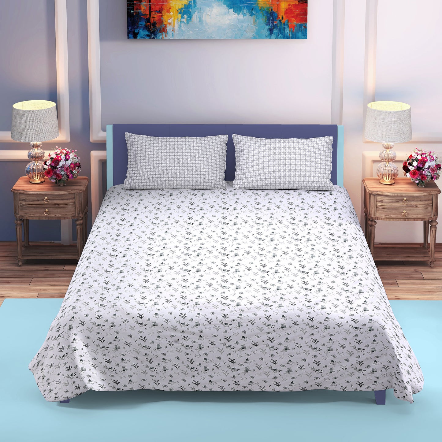 DIVORA CASA – Premium 350 TC Pure Cotton King Size Bedsheet Set | Soft Botanical Floral Design | 108 x 108 inches