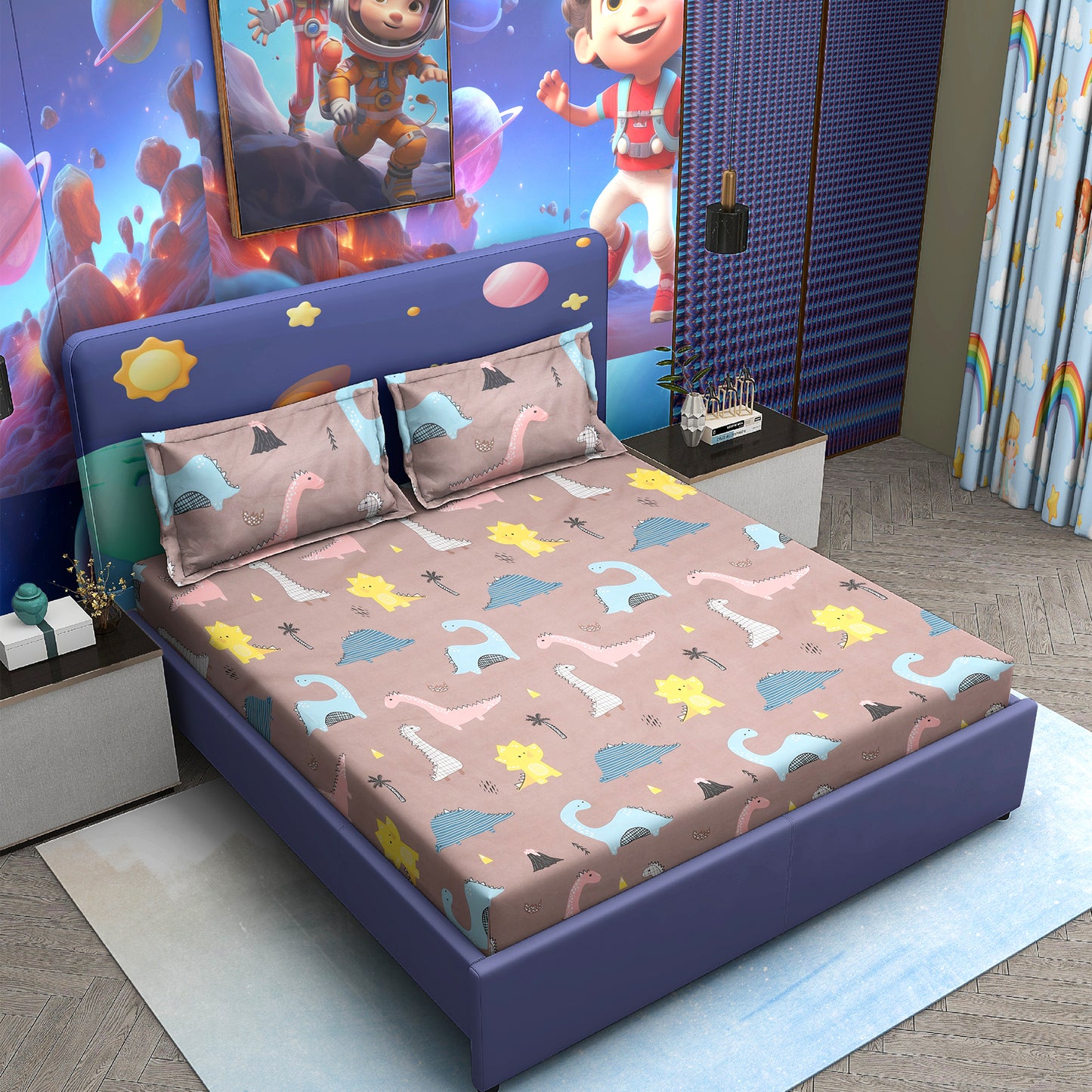Kids’ Dinosaur Print Double Bedsheet with 2 Pillow Covers – Satin Twill | 180 TC | 225 cm × 245 cm