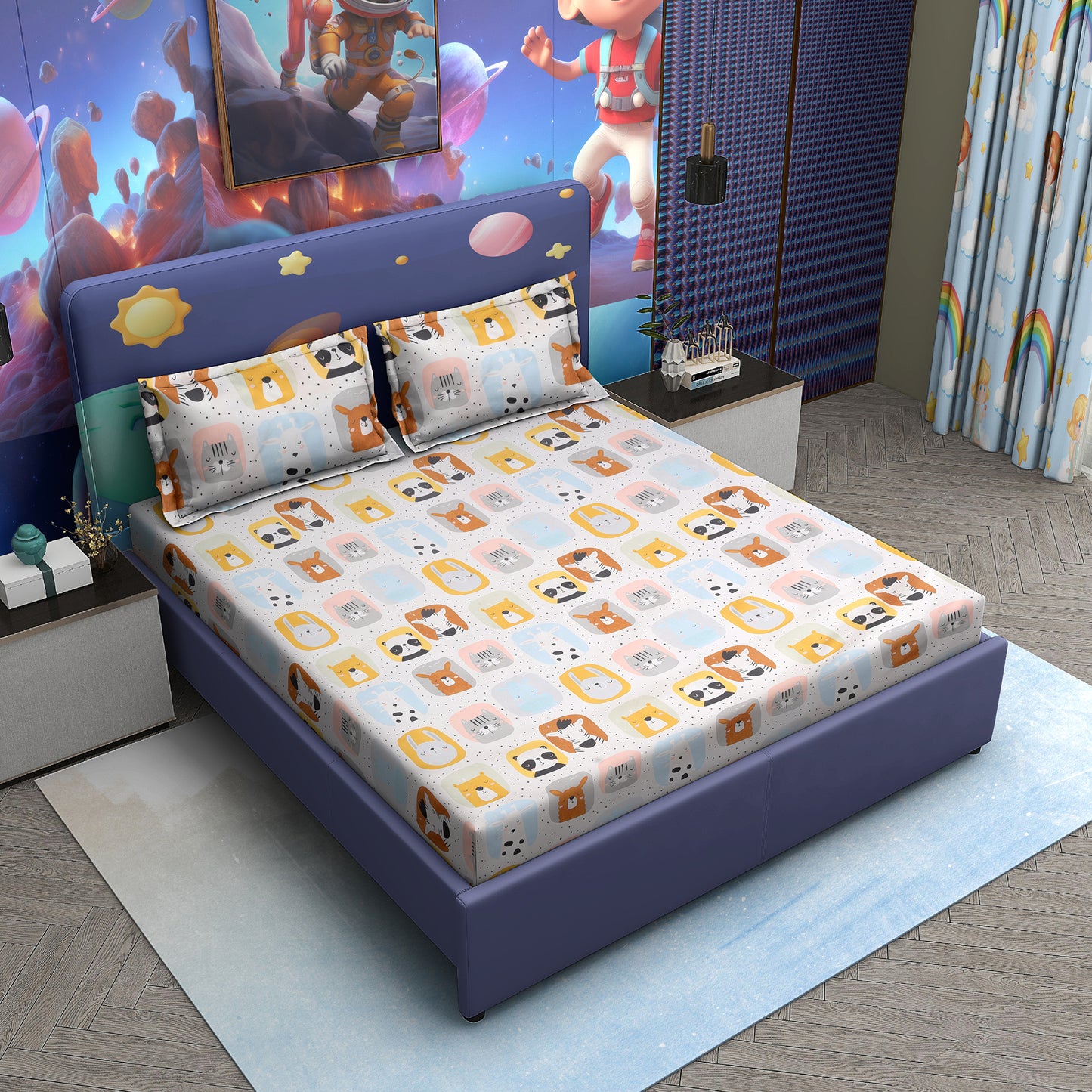Kids’ Cartoon Animal Print Double Bedsheet with 2 Pillow Covers – Satin Twill | 180 TC | 225 cm × 245 cm