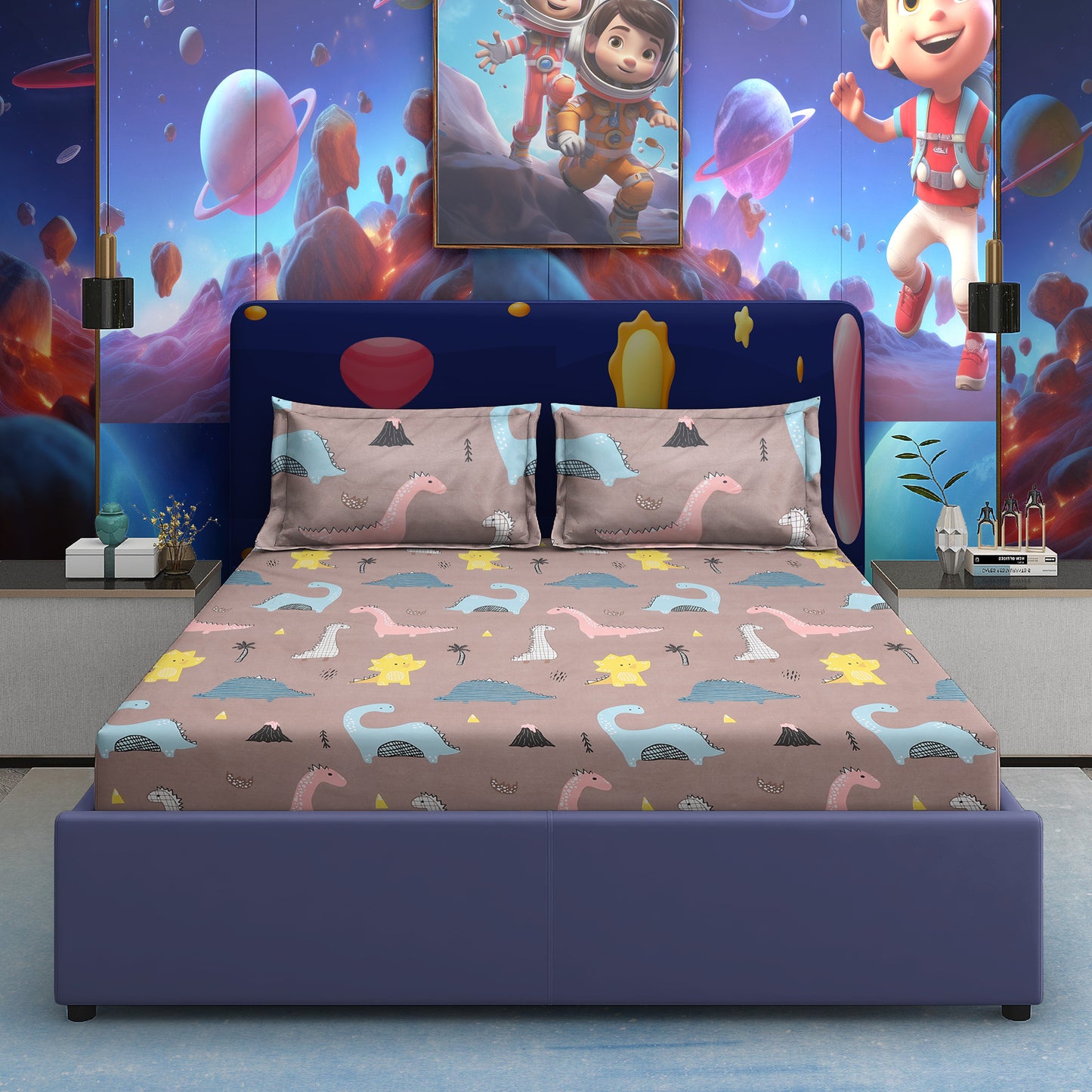 Kids’ Dinosaur Print Double Bedsheet with 2 Pillow Covers – Satin Twill | 180 TC | 225 cm × 245 cm