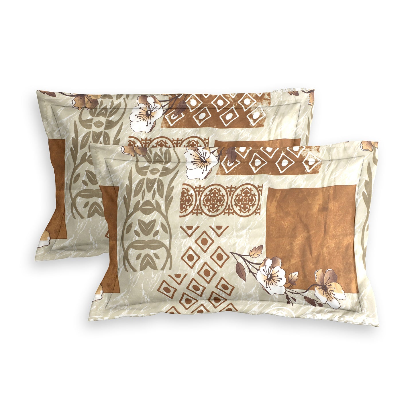 Premium Satin Twill Double Bedsheet with 2 Pillow Covers – Ethnic Block Print in Beige & Brown | 180 TC | Soft & Durable | 225 cm × 245 cm