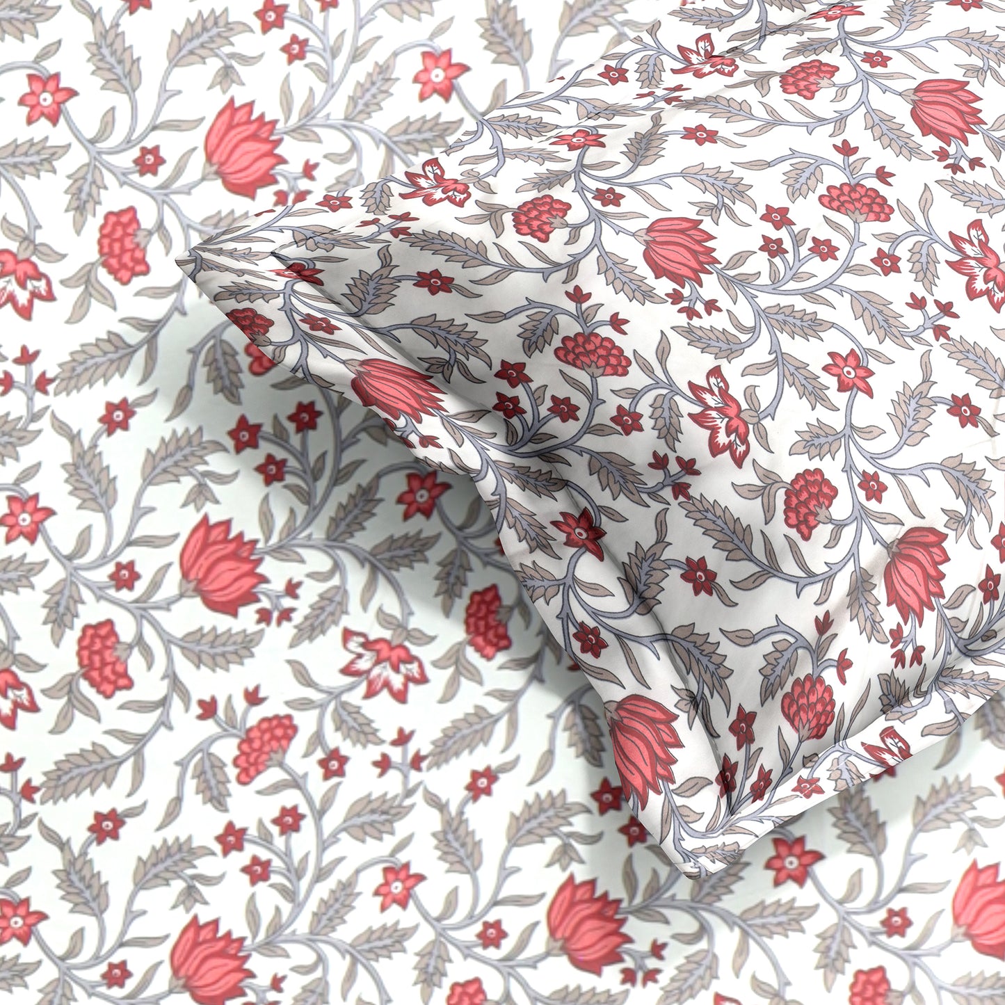 Premium Satin Twill Double Bedsheet with 2 Pillow Covers – Red Floral Vine Print | 180 TC | Soft & Durable | 225 cm × 245 cm