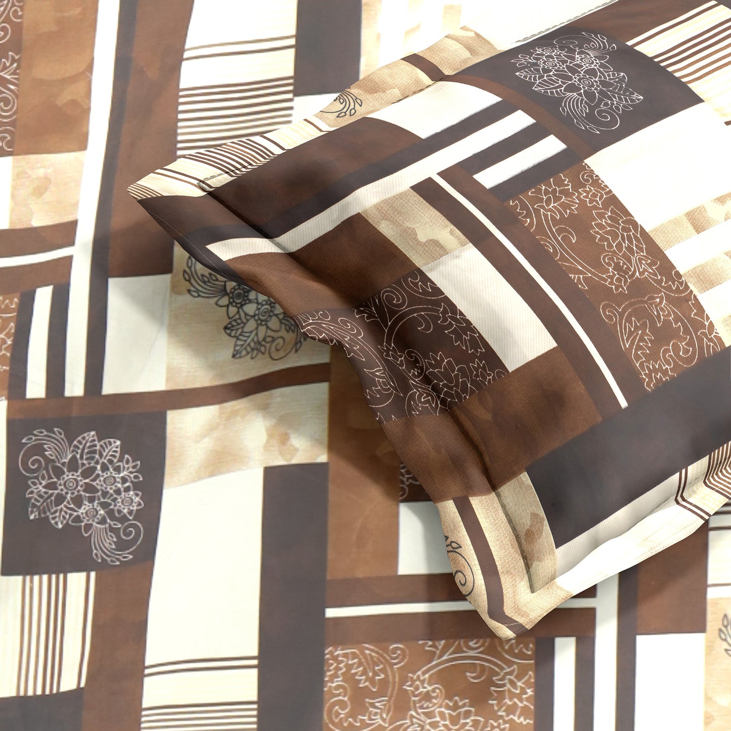 Premium Satin Twill Double Bedsheet with 2 Pillow Covers – Brown Abstract Check Print | 180 TC | Soft & Durable | 225 cm × 245 cm