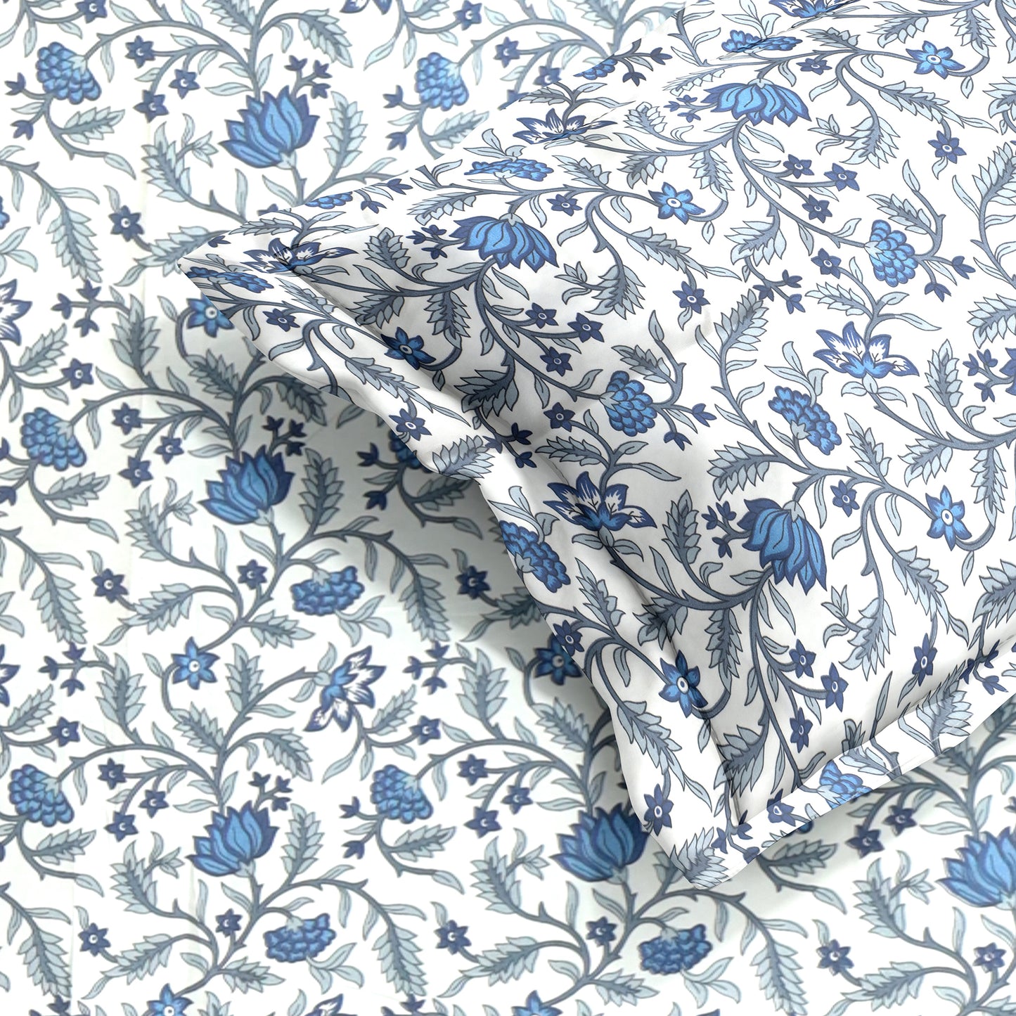 Premium Satin Twill Double Bedsheet with 2 Pillow Covers – Blue Floral Vine Print | 180 TC | Soft & Durable | 225 cm × 245 cm