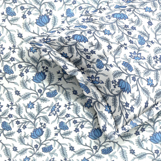 Premium Satin Twill Double Bedsheet with 2 Pillow Covers – Blue Floral Vine Print | 180 TC | Soft & Durable | 225 cm × 245 cm