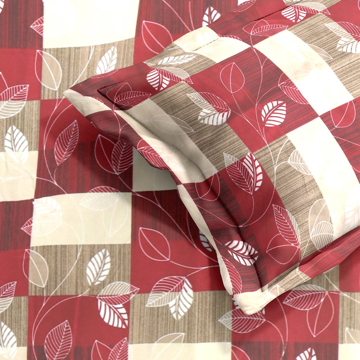 Premium Satin Twill Double Bedsheet with 2 Pillow Covers – Red Leaf Check Print | 180 TC | Soft & Durable | 225 cm × 245 cm
