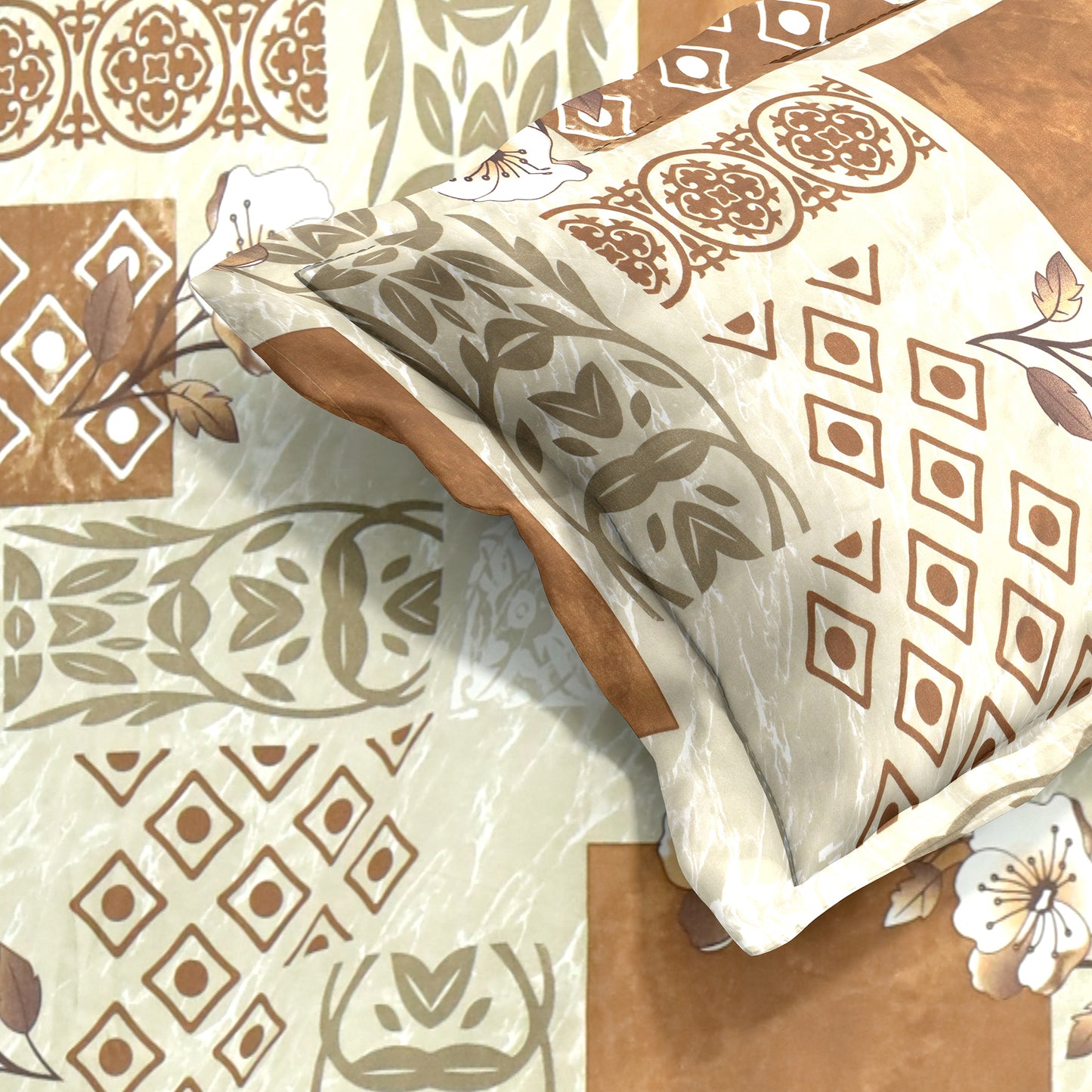 Premium Satin Twill Double Bedsheet with 2 Pillow Covers – Ethnic Block Print in Beige & Brown | 180 TC | Soft & Durable | 225 cm × 245 cm